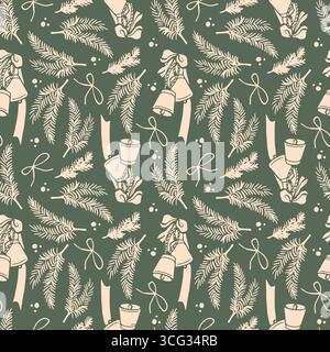 Christmas vintage seamless pattern with fir branches and Christmas decorations for wrapping paper. Christmas beige retro bells, branches, bows on green background. Winter background. Vector illustration. Stock Vector