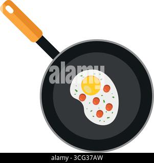 Fried egg in frying pan. Flat color style vector Icon. Cute icon for restaurant or cafe menu design. Stock Vector