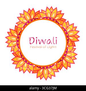 Colorful circular frame for the Diwali Festival of Lights featuring a layered floral mandala in red orange and yellow. This festive vector artwork is Stock Vector