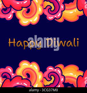 Festive Happy Diwali card design with bright abstract flowers in shades of red pink orange and yellow set on a deep blue background. Perfect for greet Stock Vector