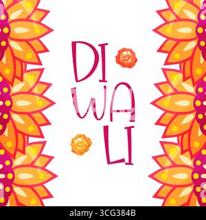 Festive Diwali card with stylized lettering and decorative floral patterns in red, orange and yellow on a white background. This digital artwork is pe Stock Vector