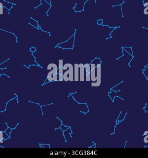 constellations of zodiac signs seamless pattern on a dark blue background. Astrology background Stock Vector