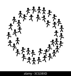 black and white vector illustration depicting a group of simple stick figures arranged in a circular formation, facing inwards towards the center Stock Vector