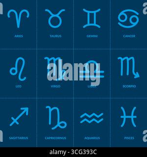 Zodiak signs. Set of blue zodiac icons isolated on a dark blue background. Astrological symbols of the zodiac for web Stock Vector