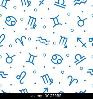 blue zodiac signs isolated on a white background, geometric seamless pattern, flat illustration. Astrological background with zodiac signs for web. Zo Stock Vector
