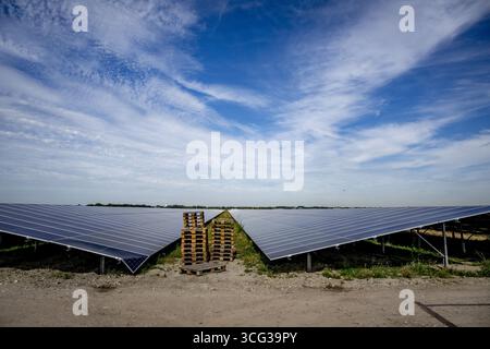 SCHIPHOL - The solar farm at Schiphol Airport doesn't have to be removed if the owner covers the panels with foil. A court previously ruled that the farm had to be removed because the sunlight reflecting off the panels could obstruct pilots' vision. ANP /HOLLANDSE HOOGTE /ROBIN UTRECHT netherlands out - belgium out Stock Photo