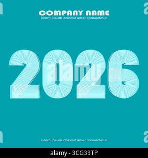 Modern minimal cover background with 2026 numbers in white thin lines striped isolated on blue background. Graphic design vector illustration for Happ Stock Vector