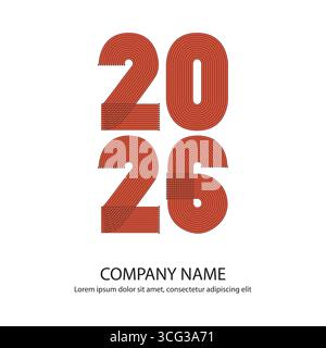 Modern minimal cover background with 2026 numbers in black red thin lines striped isolated on white background. Graphic design vector illustration for Stock Vector