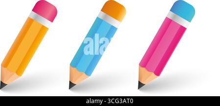 Yellow, blue, pink pencil isolated on white background, flat design vector icon. Back to school concept Stock Vector