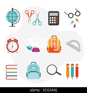 back to school set of objects. School and education icons, symbols isolated on white background Stock Vector
