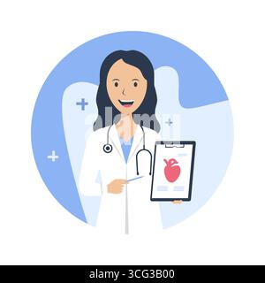 Cardiology. Diseases of the cardiovascular system. A woman doctor holds a picture with a heart and points her finger at it. Vector flat illustration Stock Vector
