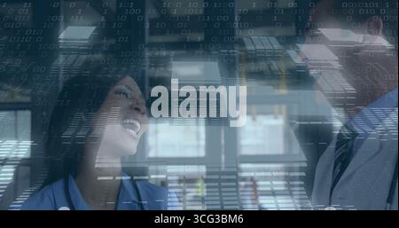 Laughing woman in blue blouse, man in dark suit chatting by office windows, binary grid overlay Stock Photo