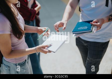 Students collaborating with a professor while reviewing notebooks and taking notes outside Stock Photo