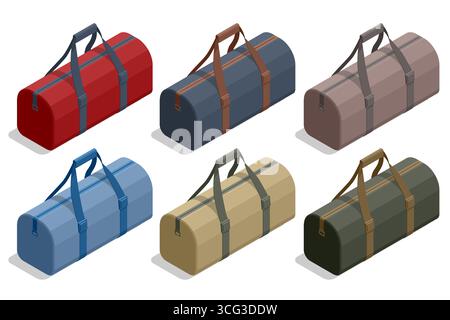 Isometric travel bags and duffle bags set in different colors. Vector illustration of luggage for tourism, migration, sport, and travel concepts Stock Vector
