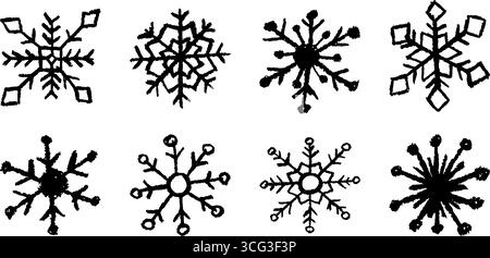 Black snowflakes vector set with frozen textures in chalk, crayon, charcoal, and marker style. A grunge Xmas holiday collection for kids featuring Stock Vector