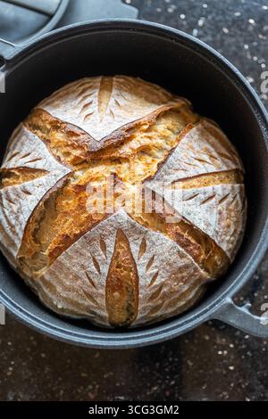 Freshly baked sourdough bread in a black cast iron Dutch oven. The rustic golden crust features an artistic scoring pattern, highlighting the handmade Stock Photo