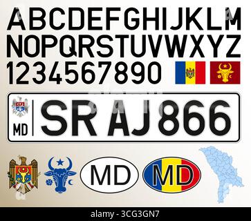 Moldova vintage old car license plate pattern, letters, numbers and symbols, vector illustration, Europe Stock Vector