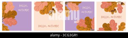 Set Of Autumn Posters With Oak Leaves And Acorns Stock Vector