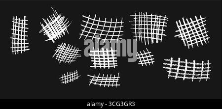 Set of white crayon grids. Freehand vector chequered collage with wax scribble texture. Pastel handmade geometry strokes create a graphic school Stock Vector