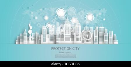 Protection city epidemic disease in capital downtown skyscraper background for economic futuristic, Vector illustration design network communication i Stock Vector