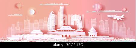 Travel Asia landmarks cityscape of beijing on pink background with sailing boat, Tour China with panoramic cityscape popular capital, Origami paper cu Stock Vector