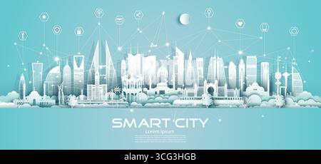 Wireless technology network communication smart city and icon network technology in Middle east skyscraper on blue background, Vector illustration fut Stock Vector