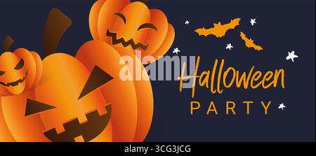 Three scary pumpkins with faces on a dark blue background with bats, vector illustration. Halloween concept, banner with copy space Stock Vector