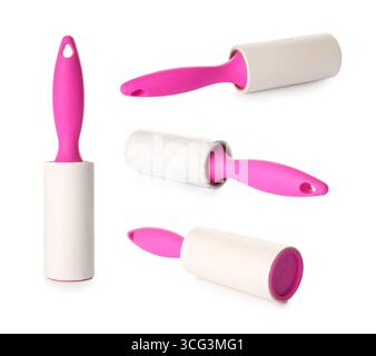 Collage of lint rollers on white background Stock Photo