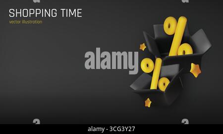 Modern 3D render of discount concept with percent sign inside a blue open box on a gradient background. Great for e-commerce promotions and sales Stock Vector