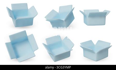 3D render of empty bright yellow open boxes in multiple perspectives. Perfect for UI UX design, product mockups, and digital marketing assets. Stock Vector