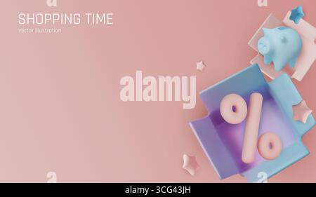 3D piggy bank with coins and stars on pink background, representing money saving, gift shopping, and financial growth. Stock Vector