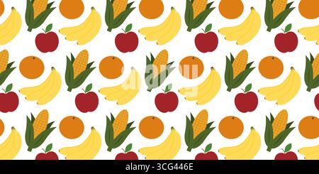 Orange Apple Banana bunch and Corn Seamless Pattern Colorful Fruits Seasonal or Kwanzaa Thematic Fond. Vector design featuring eco, harvest, textile, perfect for holidays, backgrounds and decorations Stock Vector
