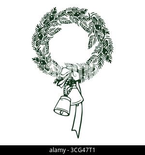 Christmas wreath of fir branches with bells and a bow. Round frame of coniferous branches. Monochrome outline vector drawing in green color. Graphic retro illustration for New Year design, weddings, labels, cards. Ink sketch. Vintage vector illustration. Stock Vector