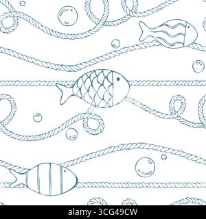 Twisted ropes, fish and bubbles on a clean white background - a classic sea story. Hand-drawn linear illustration line art graphics. Seamless pattern Stock Vector
