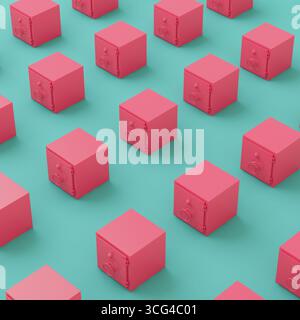 Seamless pattern of pink safes on turquoise background in pastel colors. Minimalism concept. 3d render Stock Photo