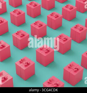 Multiple pink gift boxes with decorative bows arranged in a seamless geometric pattern on a turquoise background. Minimalism concept. 3d render Stock Photo