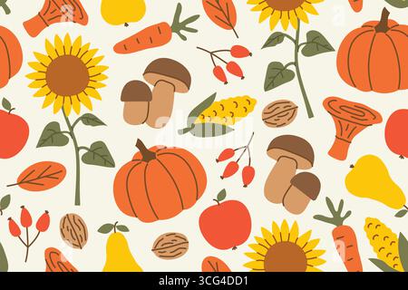 Thanksgiving, autumn seamless pattern with with leaves, sunflowers, pumpkins, corn, mushrooms, fruits, perfect for holiday greetings, party invitation Stock Vector