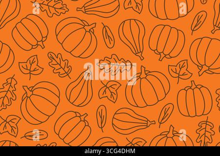 seamless pattern with pumpkins and oak leaves; Thanksgiving, Halloween, autumn background - vector illustration Stock Vector