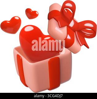 Pink 3d gift box with flying out red hearts Valentine's day surprise concept icon Stock Vector