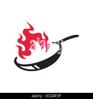 Flame frying pan logo concept. Cast iron frying pan design illustration, vector. Stock Vector