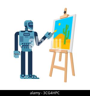 Robot painting landscape on canvas. Vector illustration of creative artificial intelligence, futuristic AI artist, machine learning in art, and innova Stock Vector