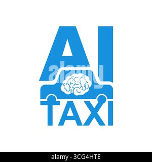 AI Taxi logo with brain icon inside text. Vector illustration symbolizes artificial intelligence, autonomous mobility, smart urban transport, and inno Stock Vector