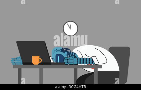 Robot fell asleep at a desk with laptop and coffee. Illustration about artificial intelligence fatigue, machine burnout, and futuristic concept of tir Stock Vector