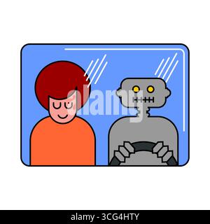 Man sitting in a self-driving taxi with AI robot driver. Vector illustration of autonomous transport, artificial intelligence, smart mobility, and fut Stock Vector