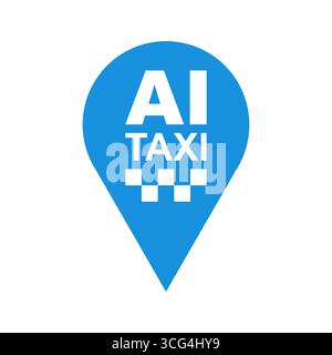 Location pin icon with AI taxi sign, representing smart navigation, digital mobility, and autonomous ride-hailing technology. Stock Vector