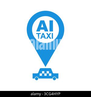 AI Taxi logo with map pin and car symbol. Vector illustration for autonomous ride service, artificial intelligence transport, smart navigation, and fu Stock Vector