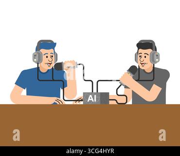 Two men use an AI-powered online translator on a laptop. Vector illustration showing artificial intelligence technology, digital communication, and re Stock Vector