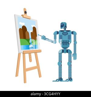 Artificial intelligence robot creating a painting on canvas. Illustration of AI creativity, futuristic art, machine learning in visual design, and inn Stock Vector