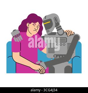 Female receiving emotional support from a robot psychologist. Vector illustration about artificial intelligence, empathy, future therapy, mental healt Stock Vector