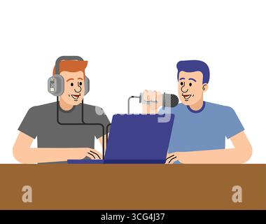 Two men recording a podcast in a studio with a laptop and microphone. Concept of digital media, streaming, and online broadcasting. Stock Vector